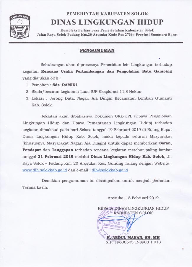 PENGUMUMAN PENERBITAN IZIN LINGKUNGAN