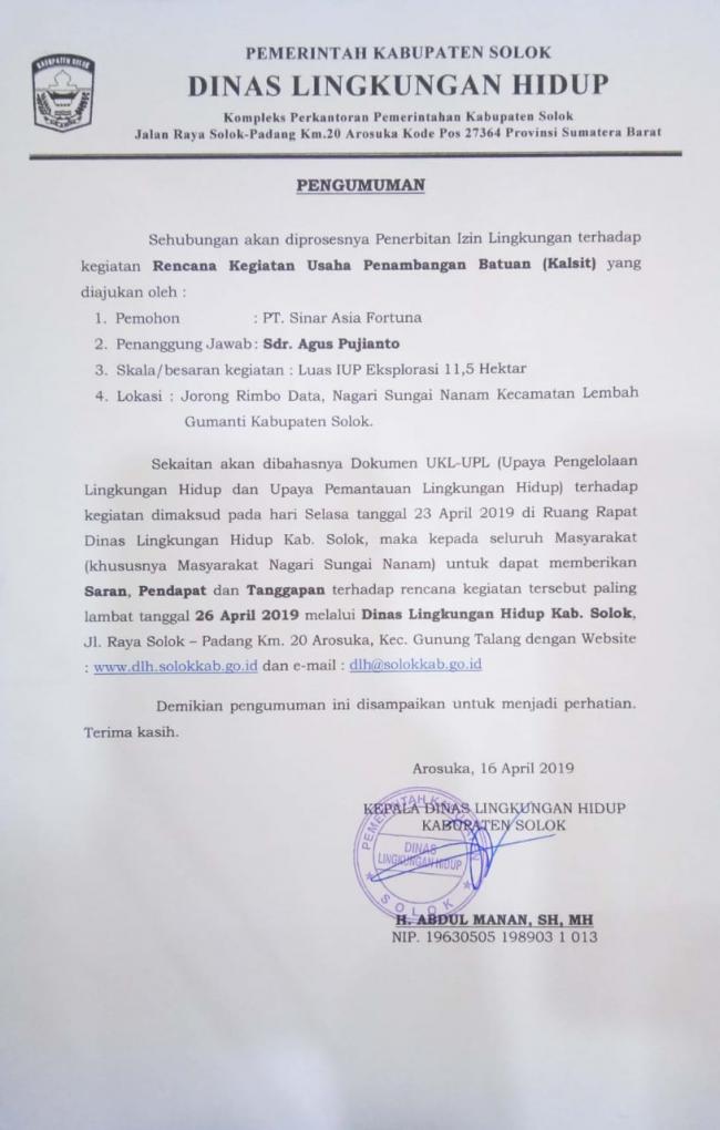 PENGUMUMAN PENERBITAN IZIN LINGKUNGAN